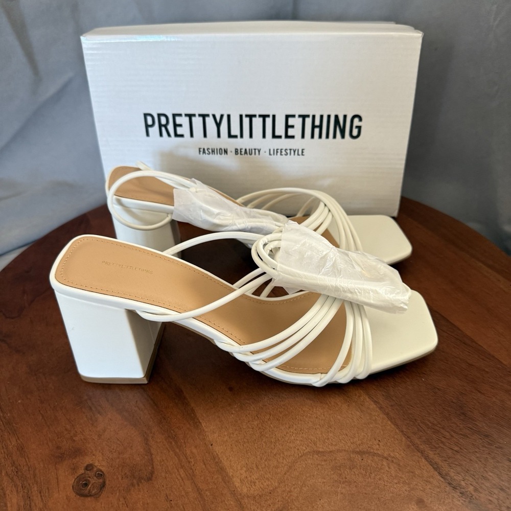Pretty Little Thing White Square Toe Block Heel Sandal Women EU 39/UK 6/US 8 NIB